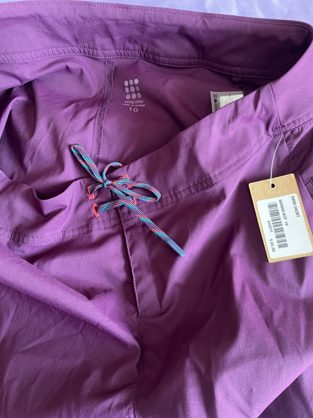 Title Nine Plum swim Shorts with Multicolor Tie - Picture 3 of 4